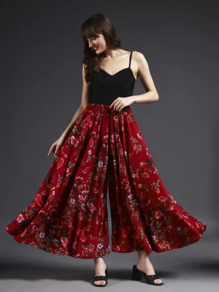 Women Flared Maroon, Green, Red Viscose Rayon Palazzos