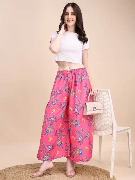 Women Flared Pink Viscose Rayon Palazzos