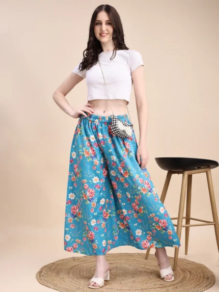 Women Flared Light Blue Viscose Rayon Palazzos