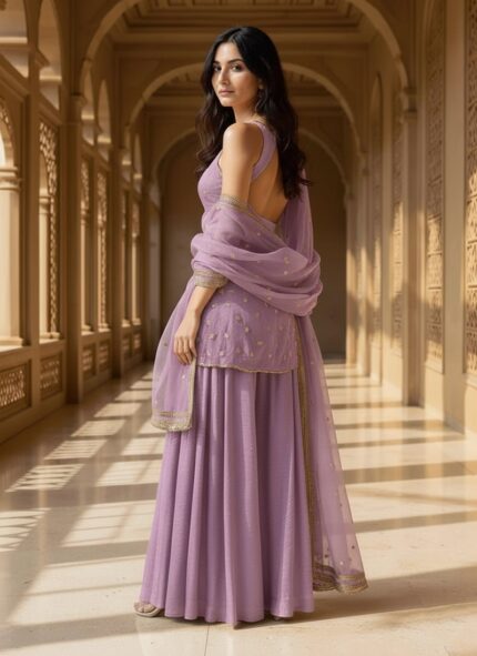 Lavender Organza Sequins Moti Hand Embroidered Palazzo Suit Festive Wear
