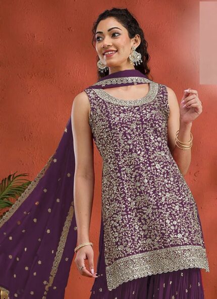 Purple Georgette Embroidered Sequin Palazzo Set Festive Wear