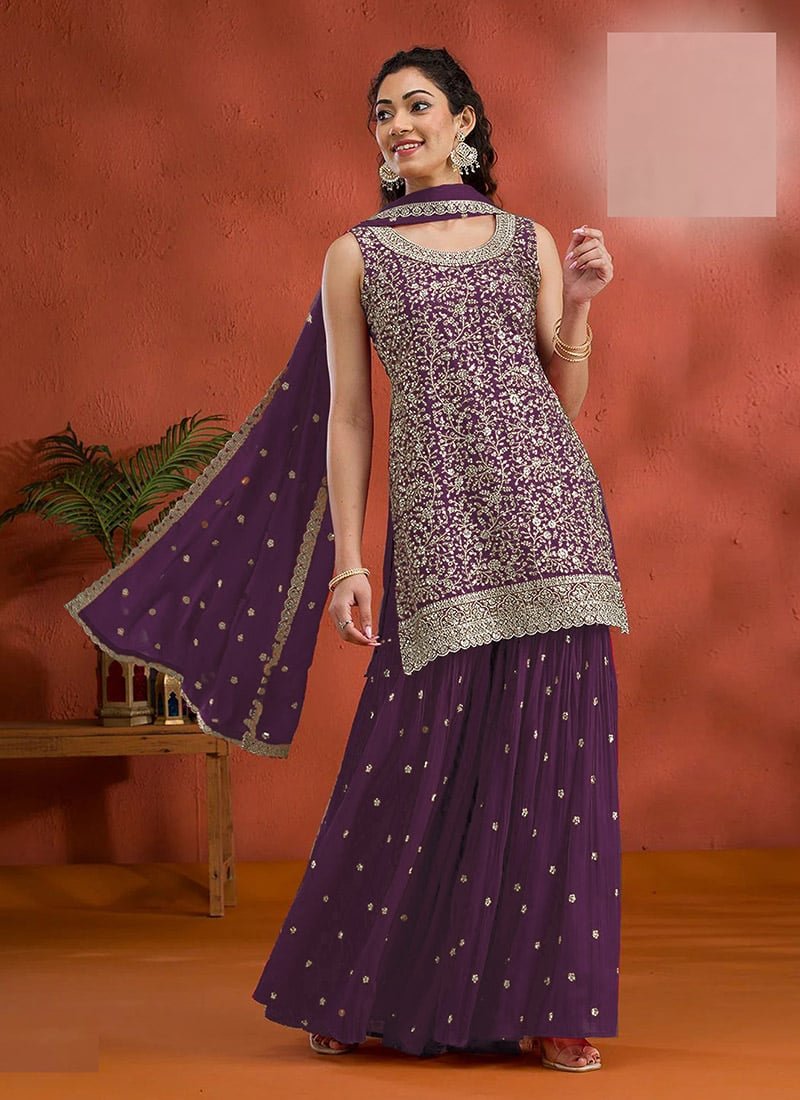 Purple Georgette Embroidered Sequin Palazzo Set Festive Wear - Image 3