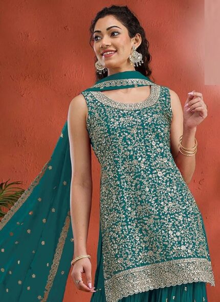Teal Georgette Embroidered Sequin Palazzo Set Festive Wear