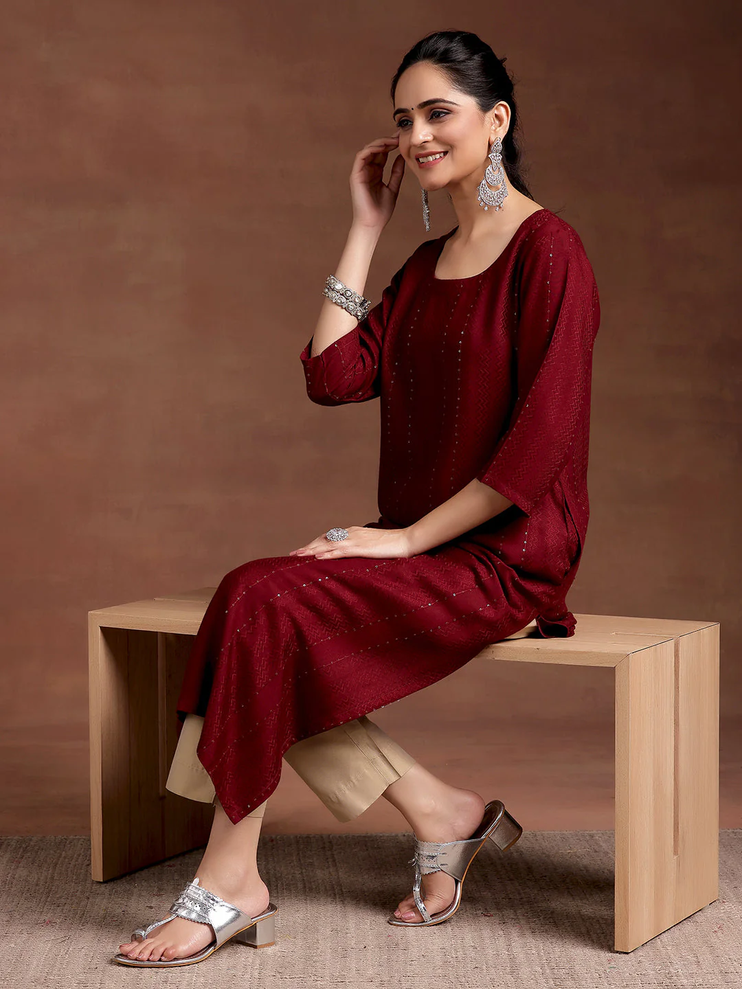 Red Woven Design Rayon Straight Kurta - Image 2