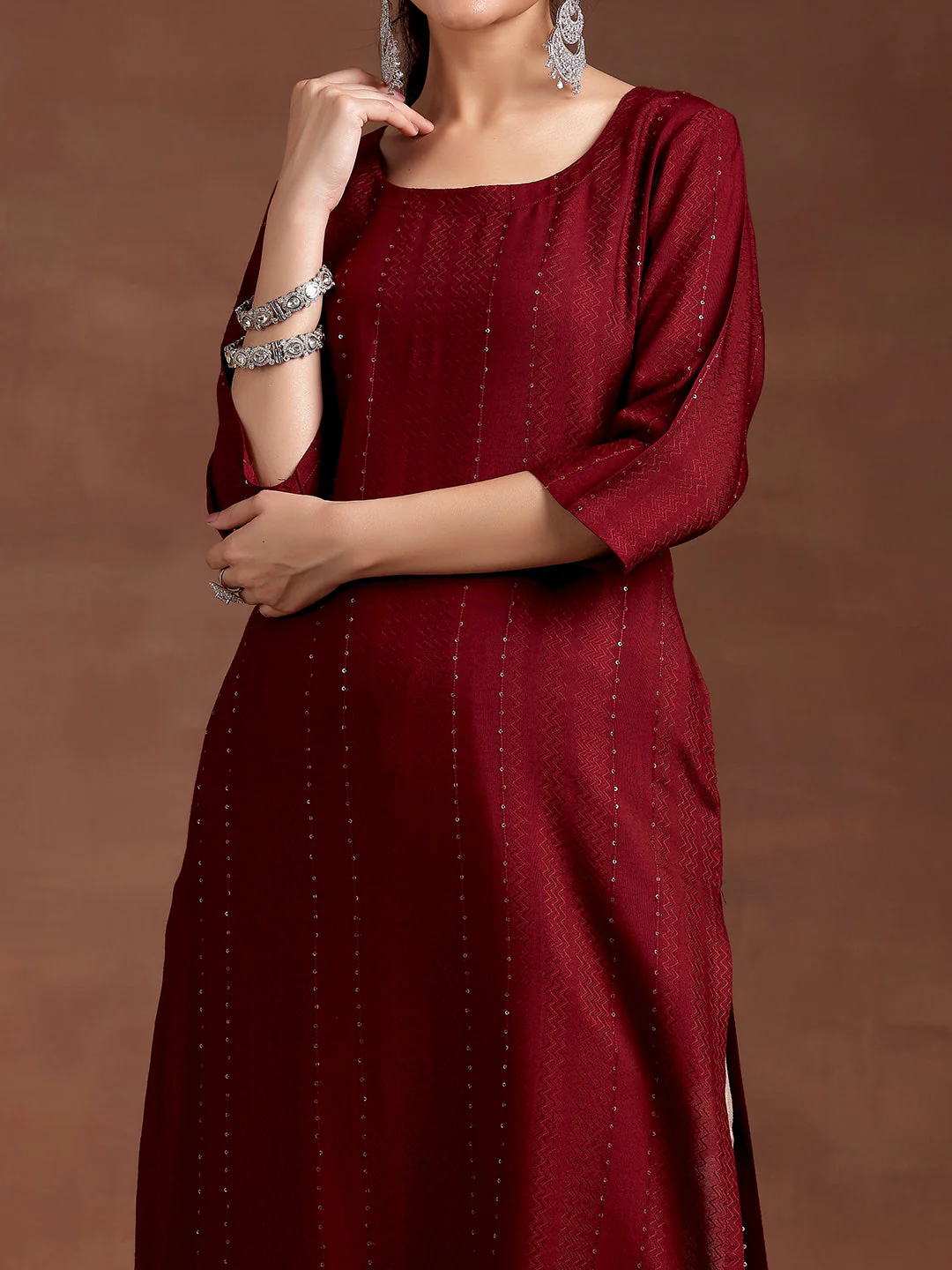 Red Woven Design Rayon Straight Kurta - Image 5