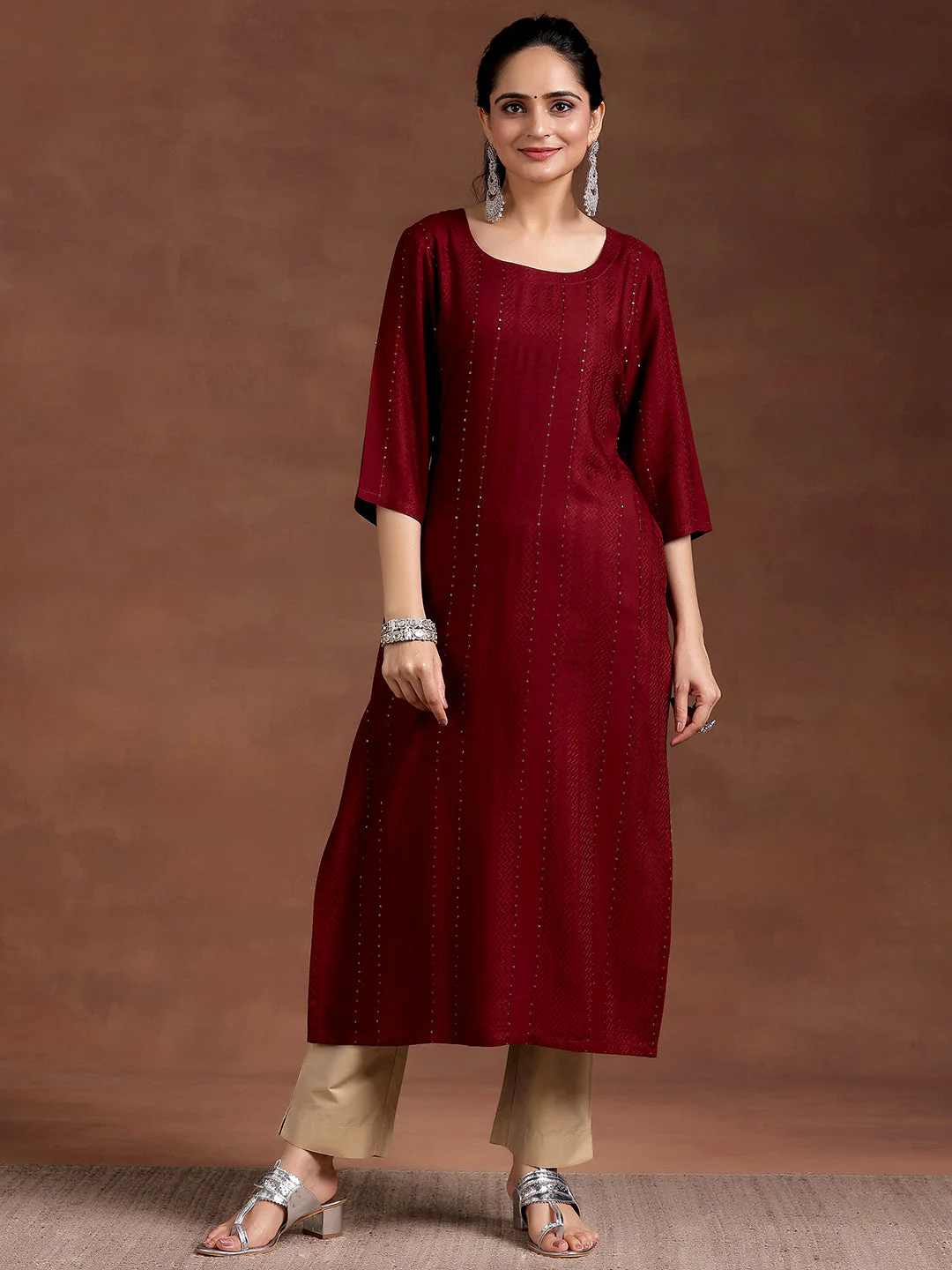Red Woven Design Rayon Straight Kurta - Image 6