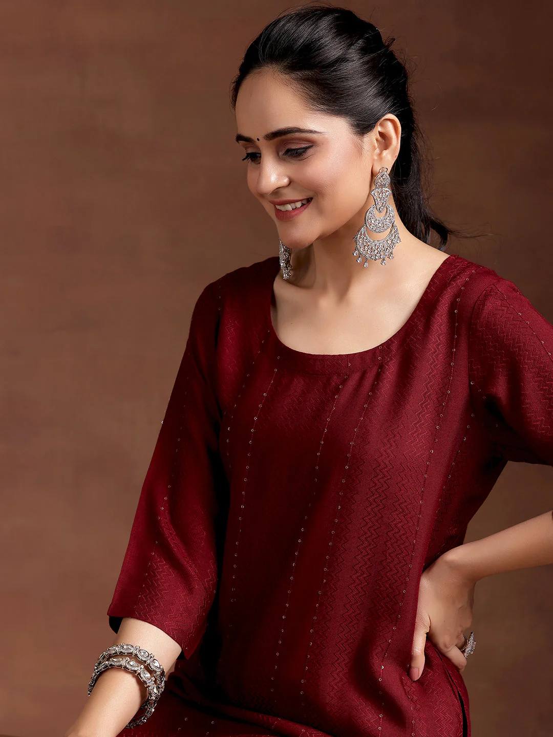 Red Woven Design Rayon Straight Kurta - Image 7