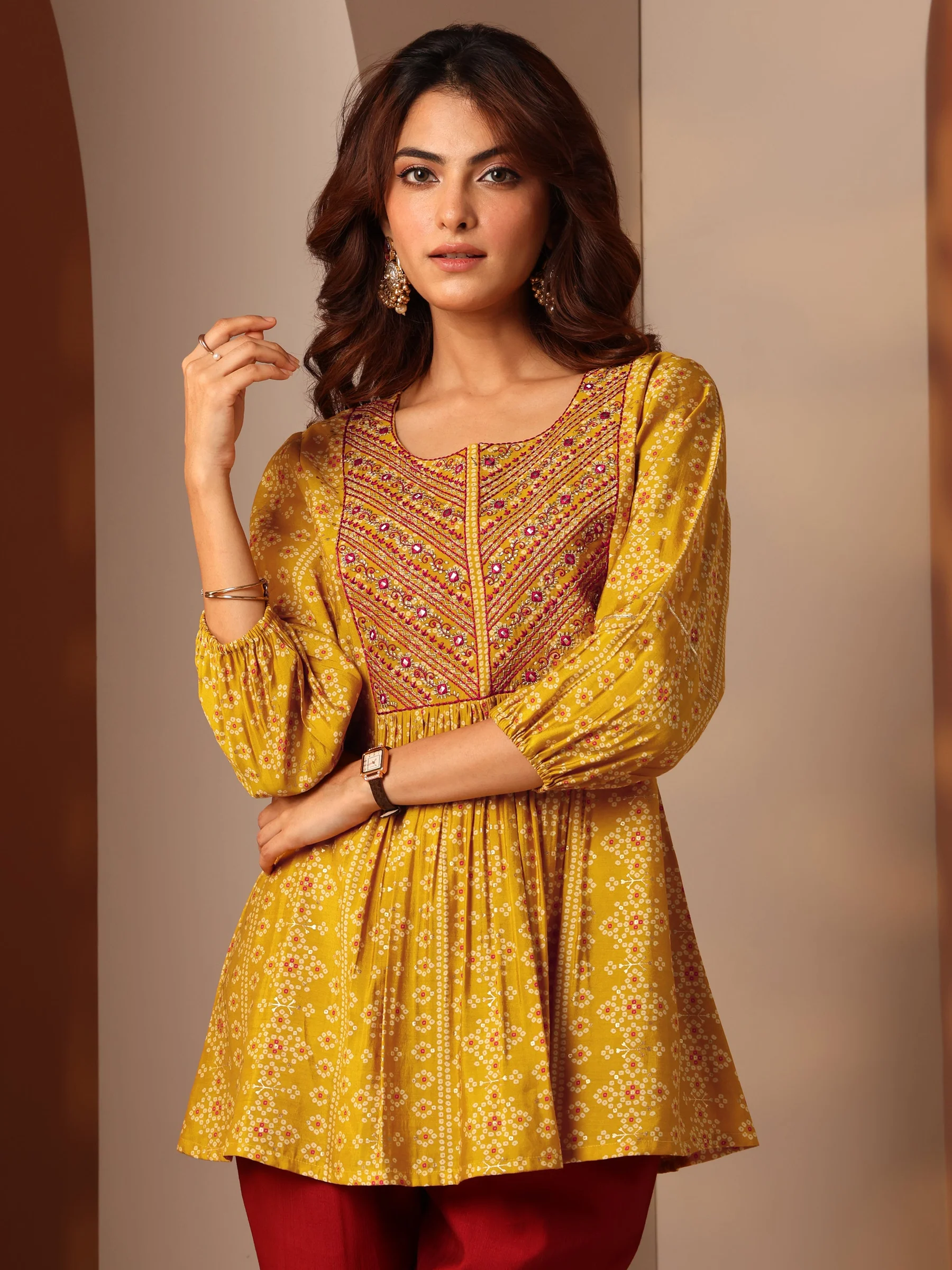 Mustard Printed Silk Blend Anarkali Short Kurti - Image 2