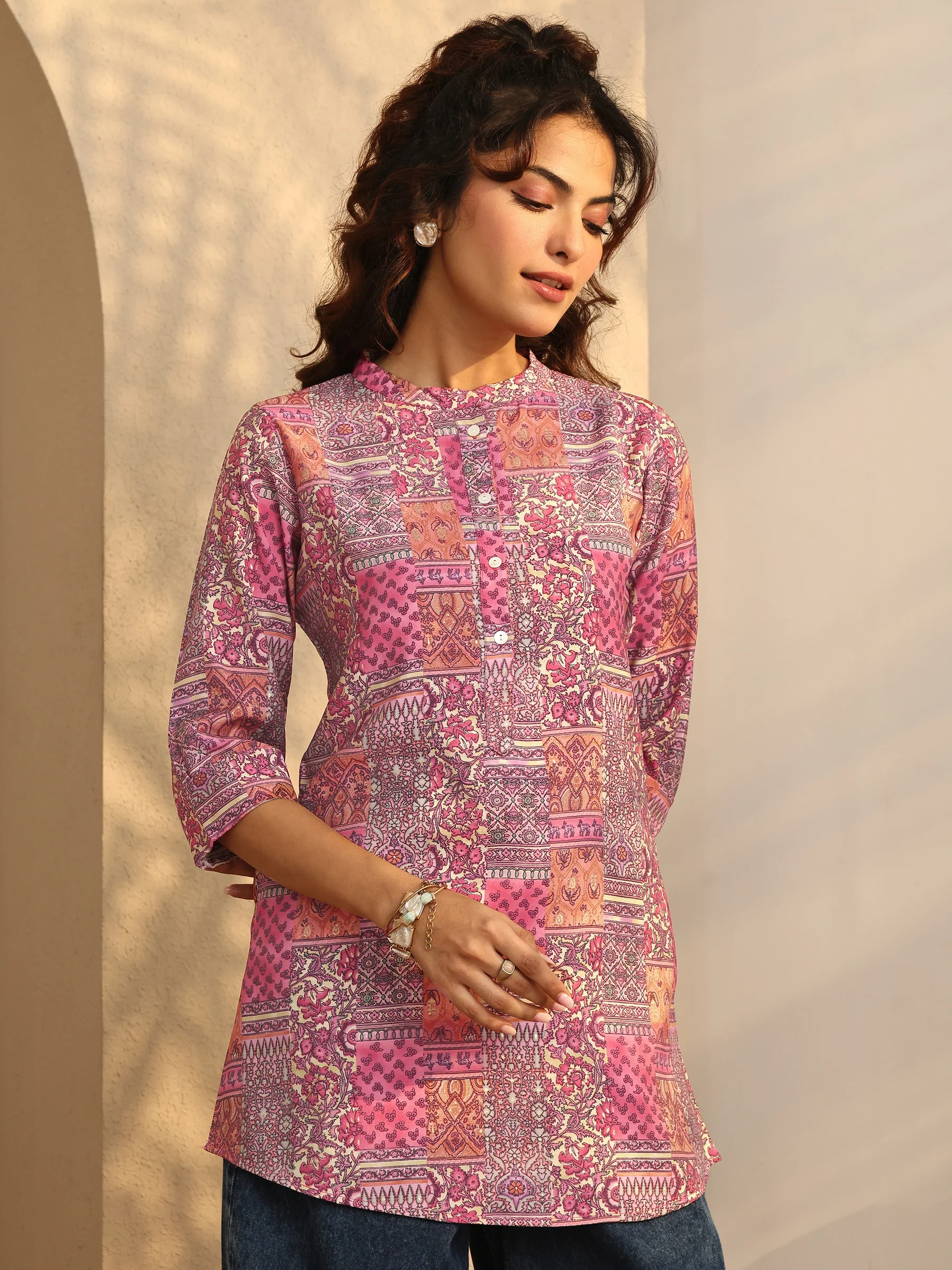 Peach Block Print Silk Blend Straight Short Kurti - Image 2