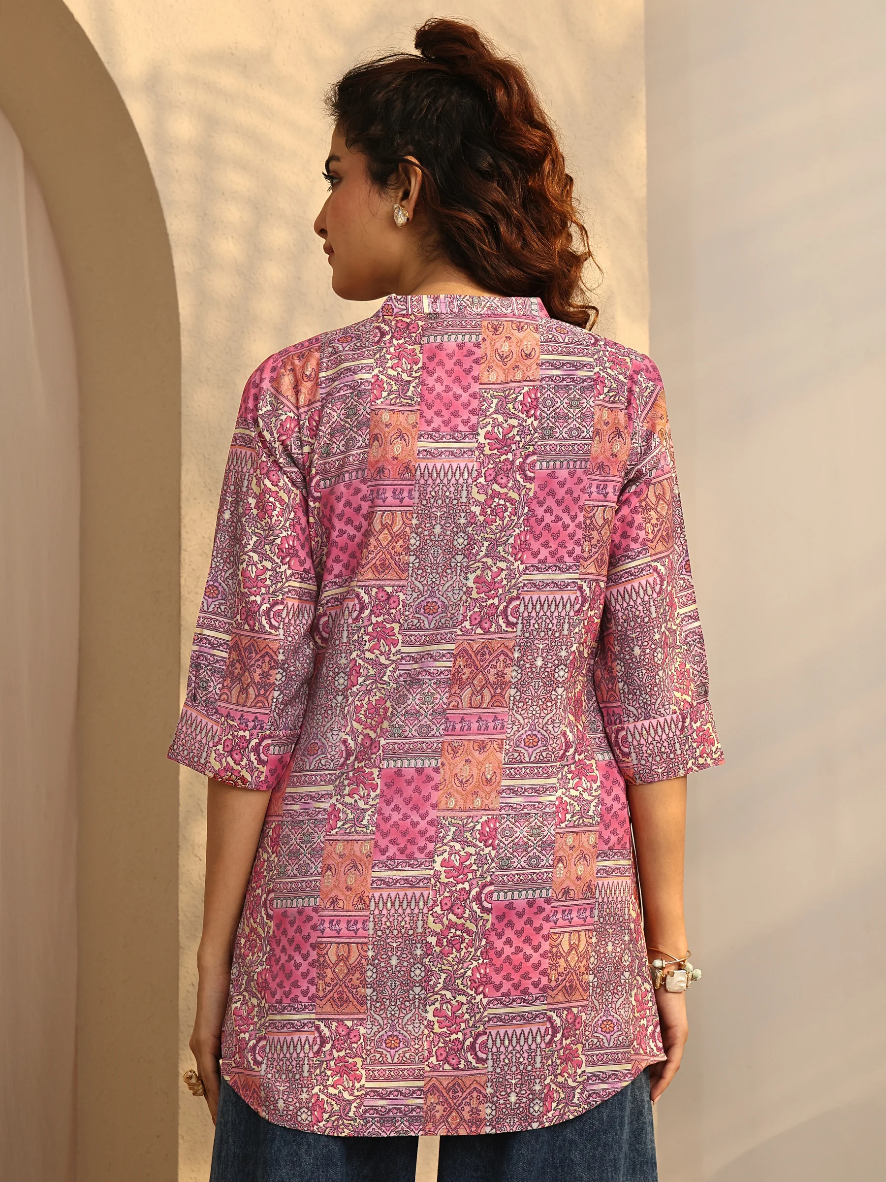 Peach Block Print Silk Blend Straight Short Kurti - Image 3