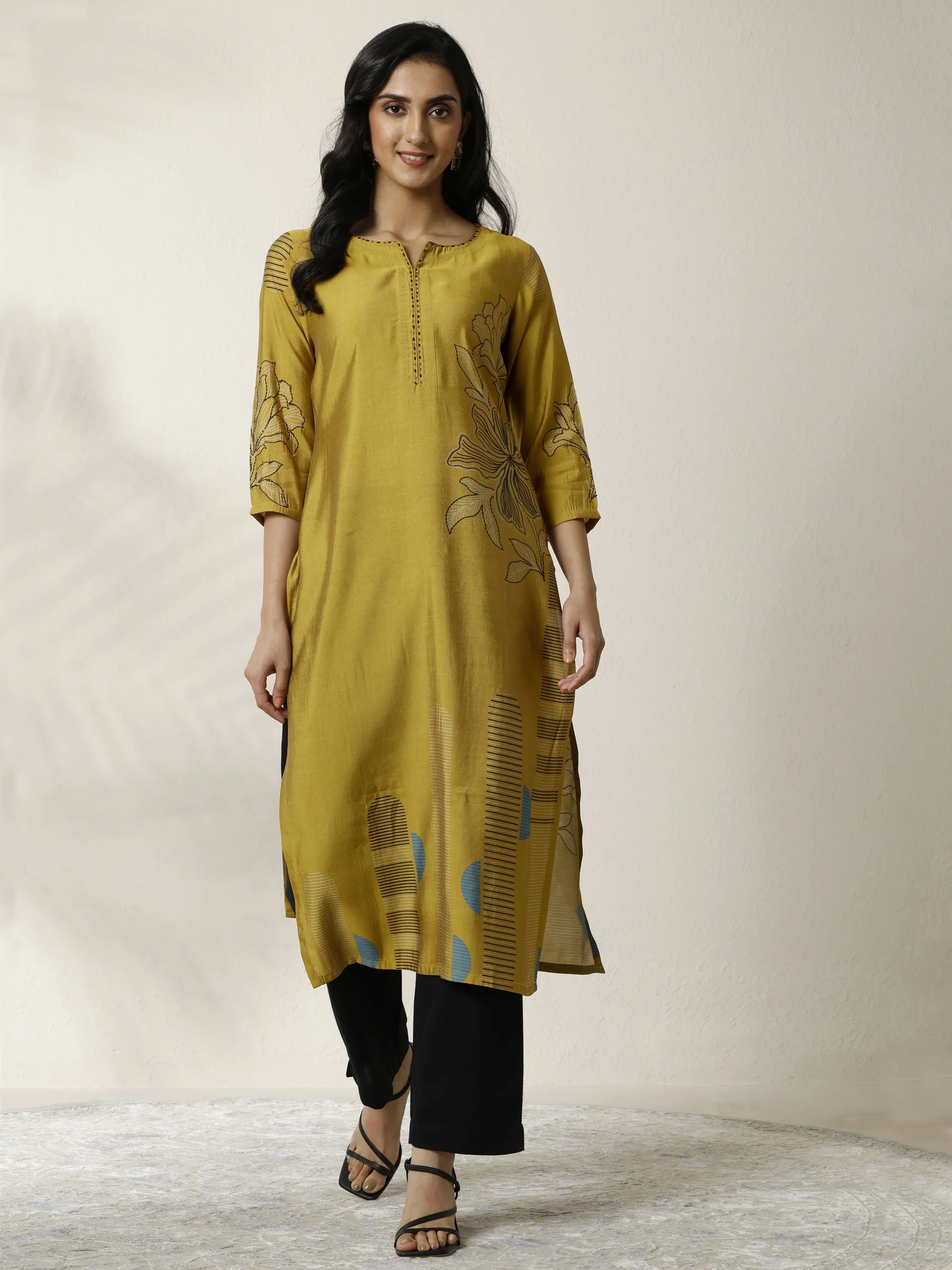 Mustard Printed Silk Blend Straight Kurta - Image 2
