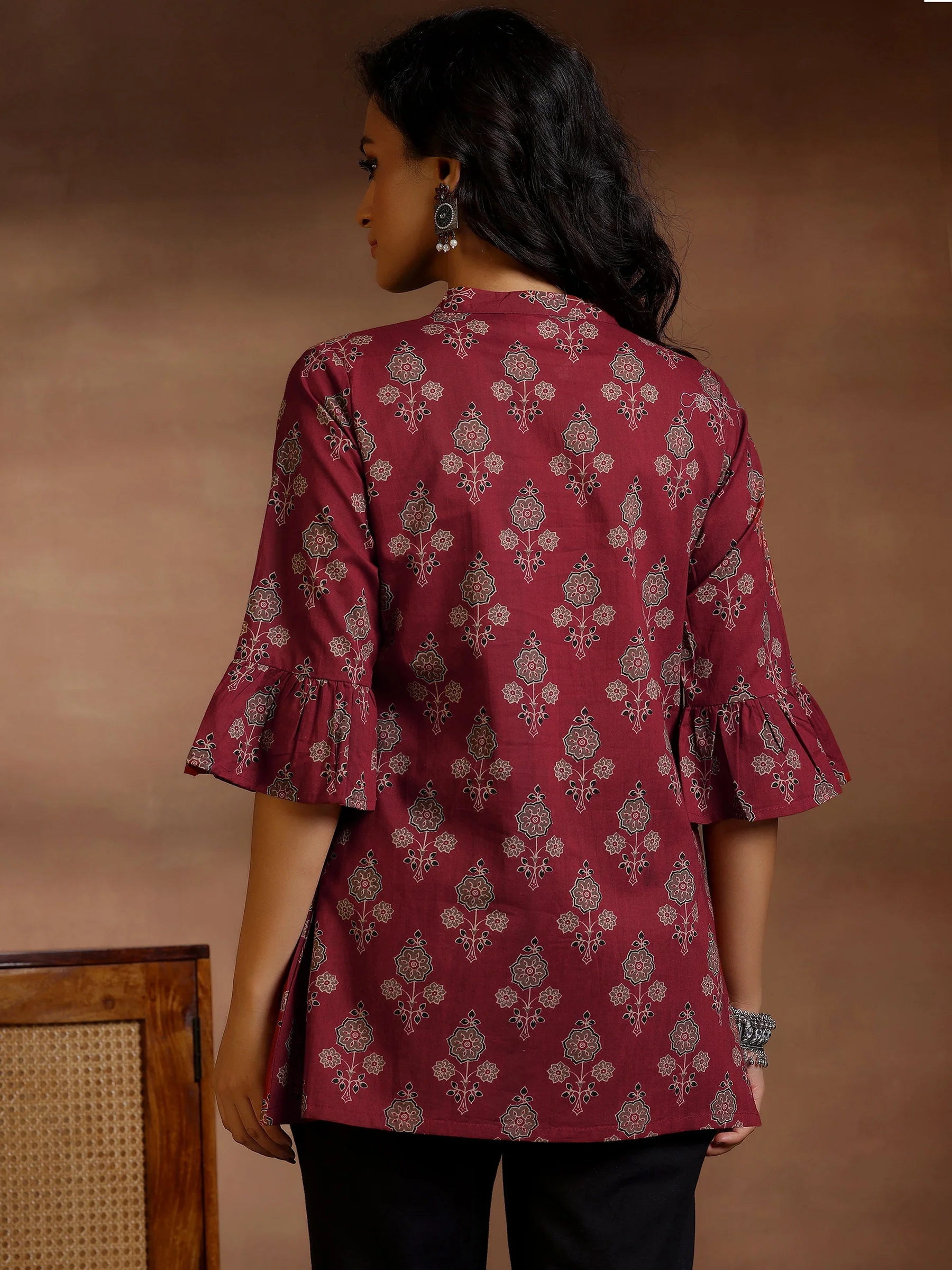 Maroon Printed Cotton A-Line Kurti - Image 4