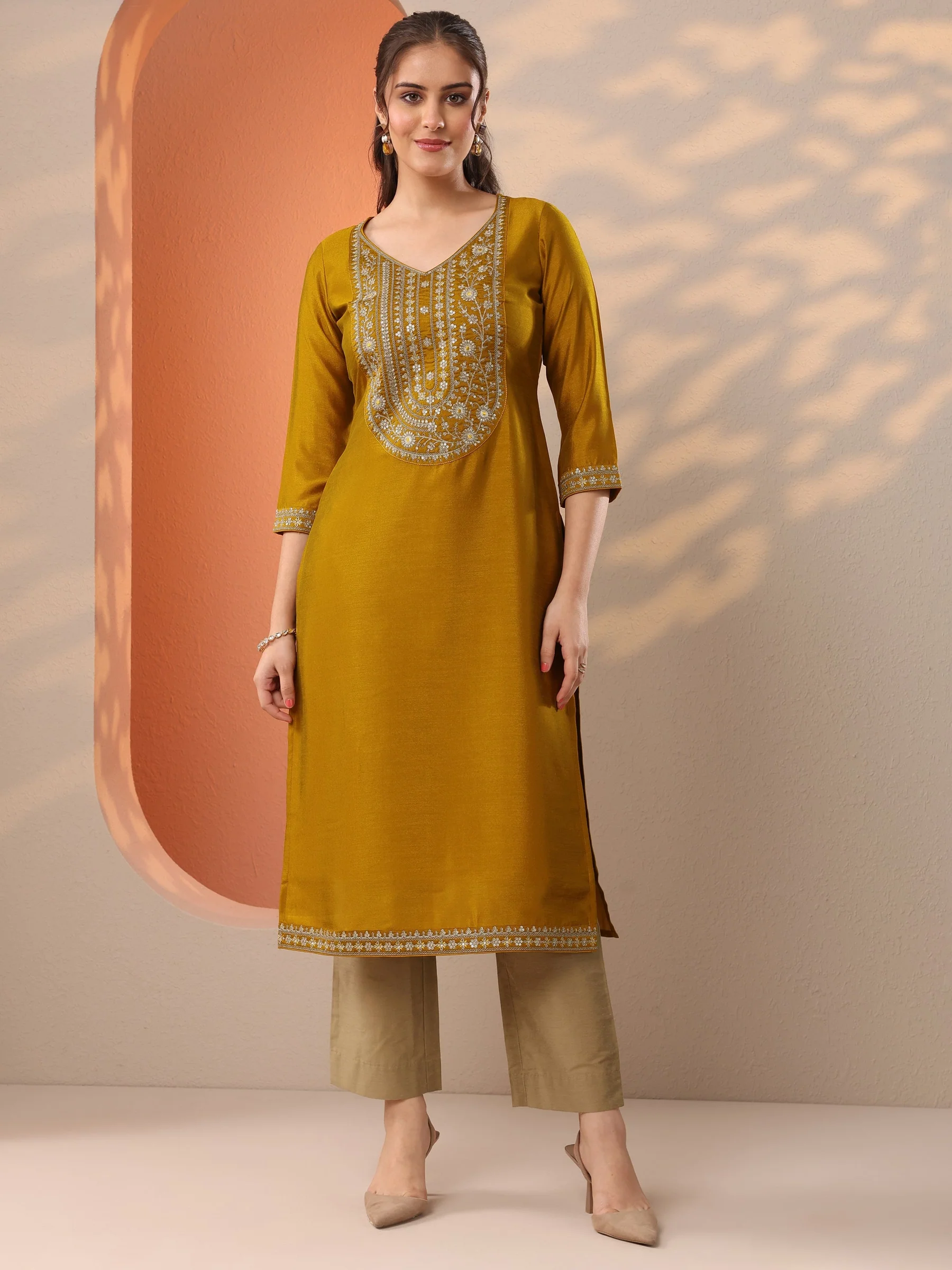 Mustard Embroidered Silk Blend Straight Kurta - Image 2