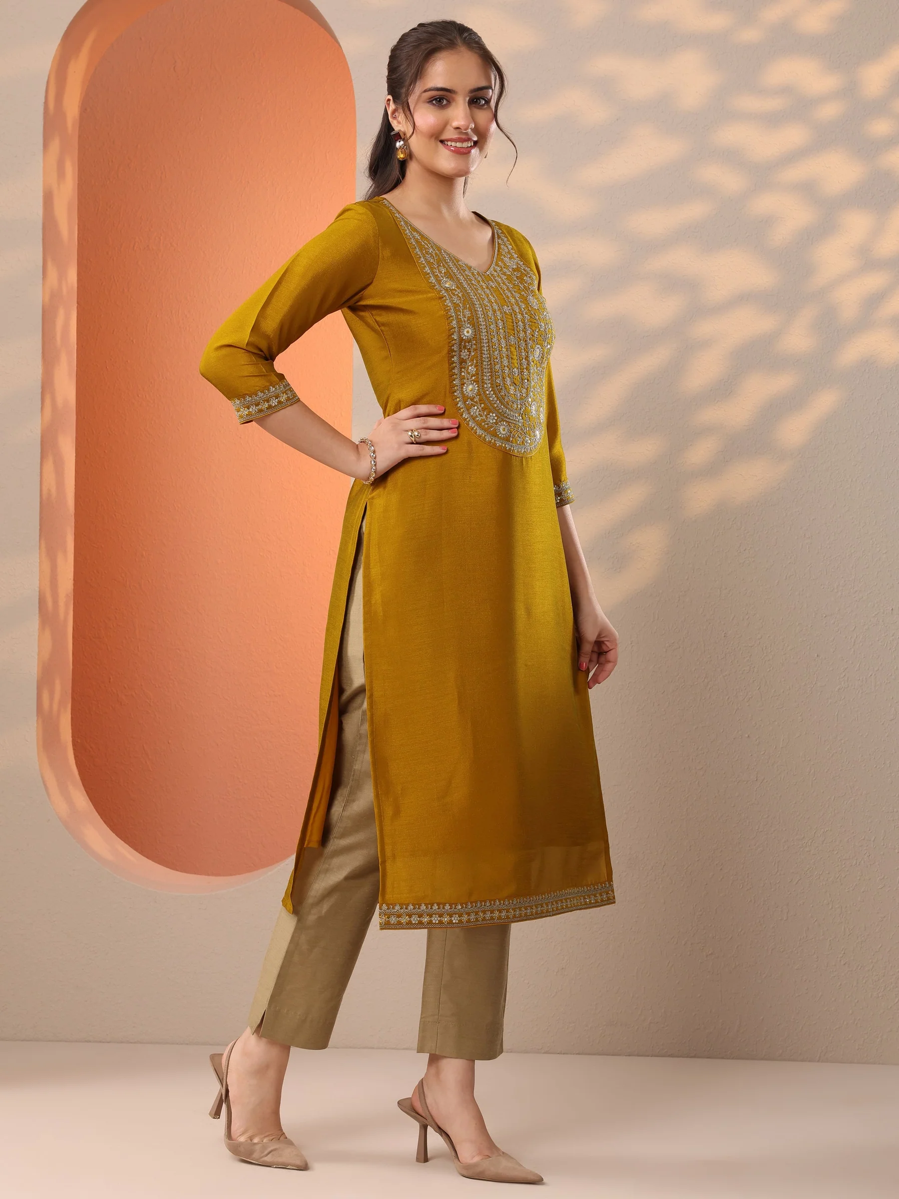 Mustard Embroidered Silk Blend Straight Kurta - Image 3