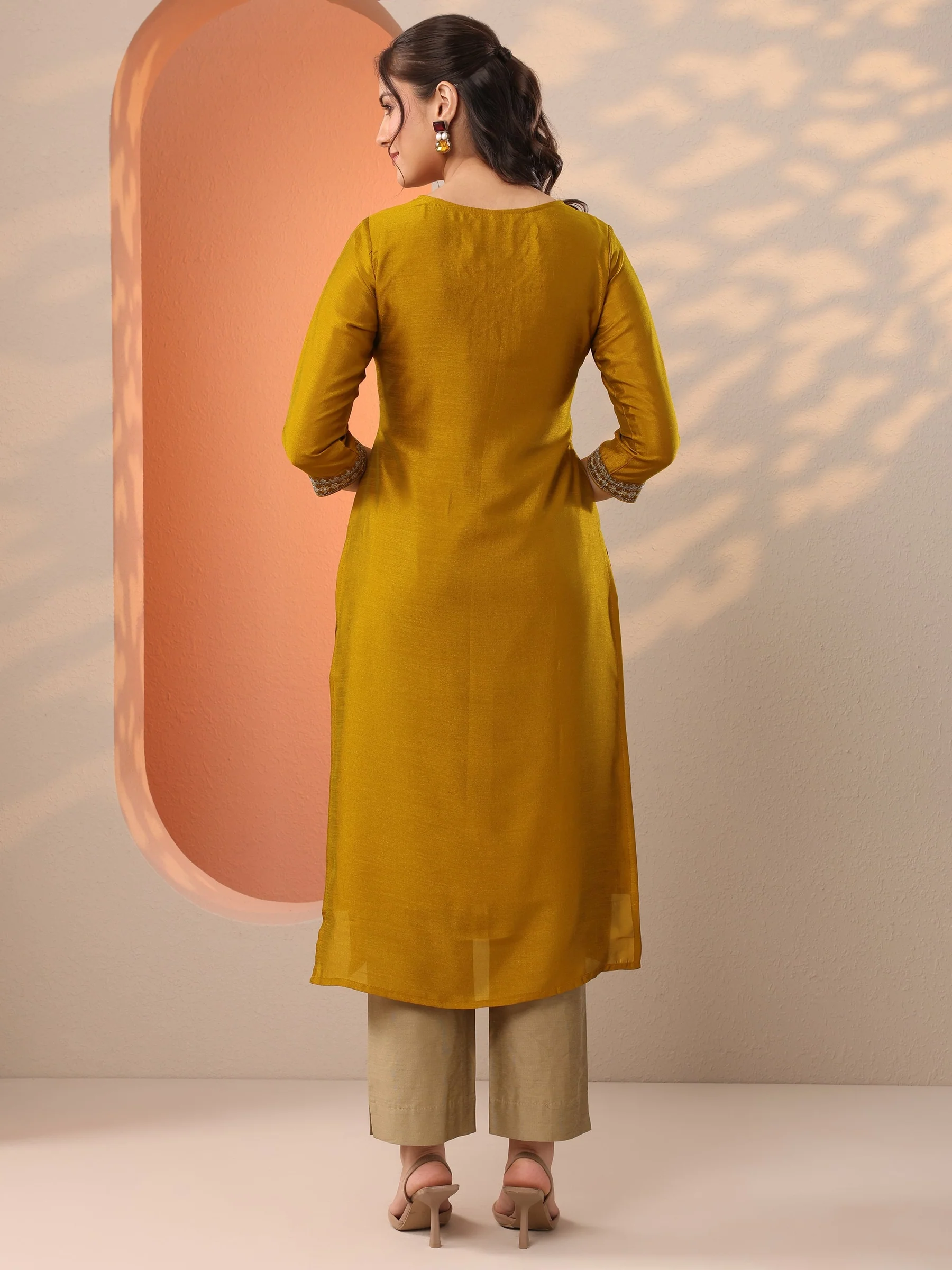 Mustard Embroidered Silk Blend Straight Kurta - Image 4