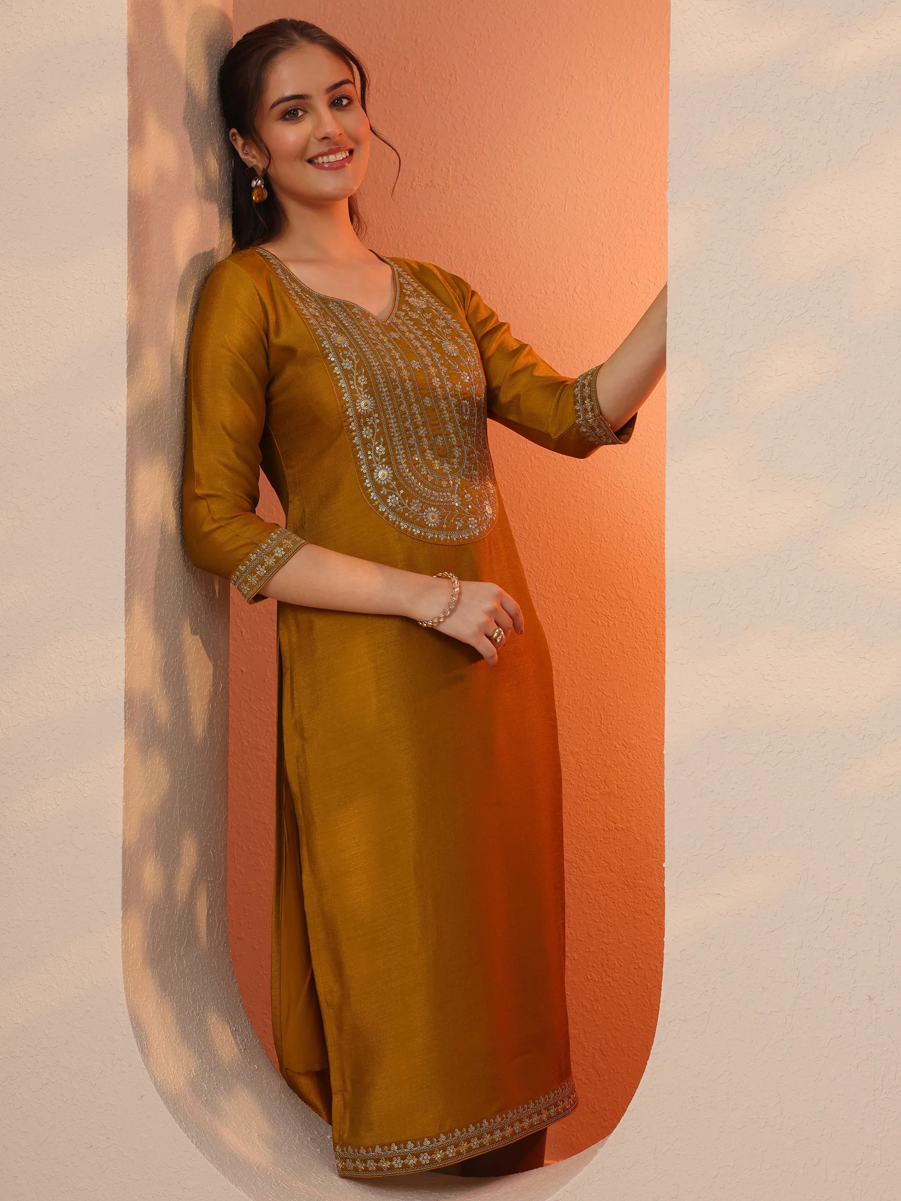 Mustard Embroidered Silk Blend Straight Kurta - Image 7