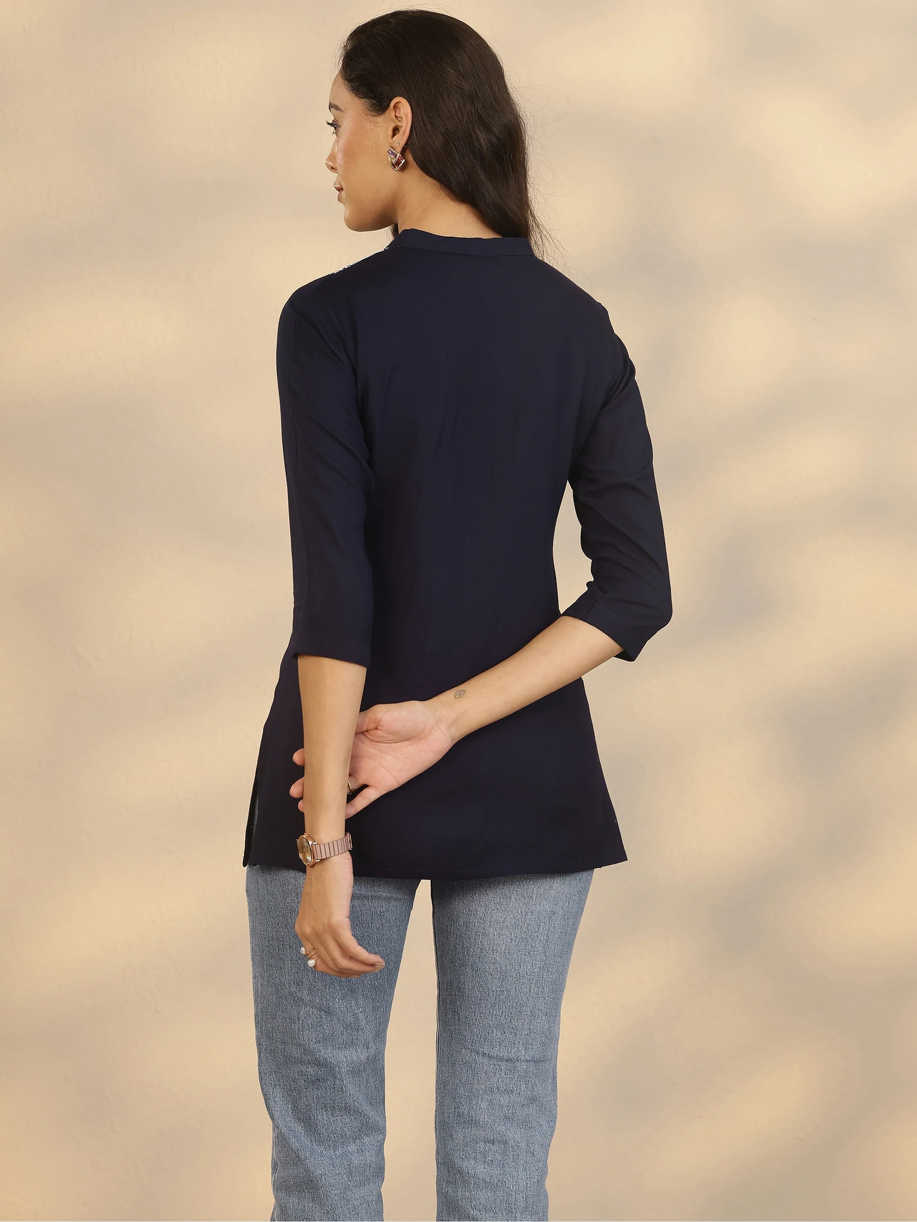 Navy Blue Yoke Design Rayon Straight Short Kurti - Image 3