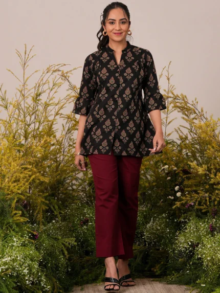 Black Printed Cotton A-Line Kurti