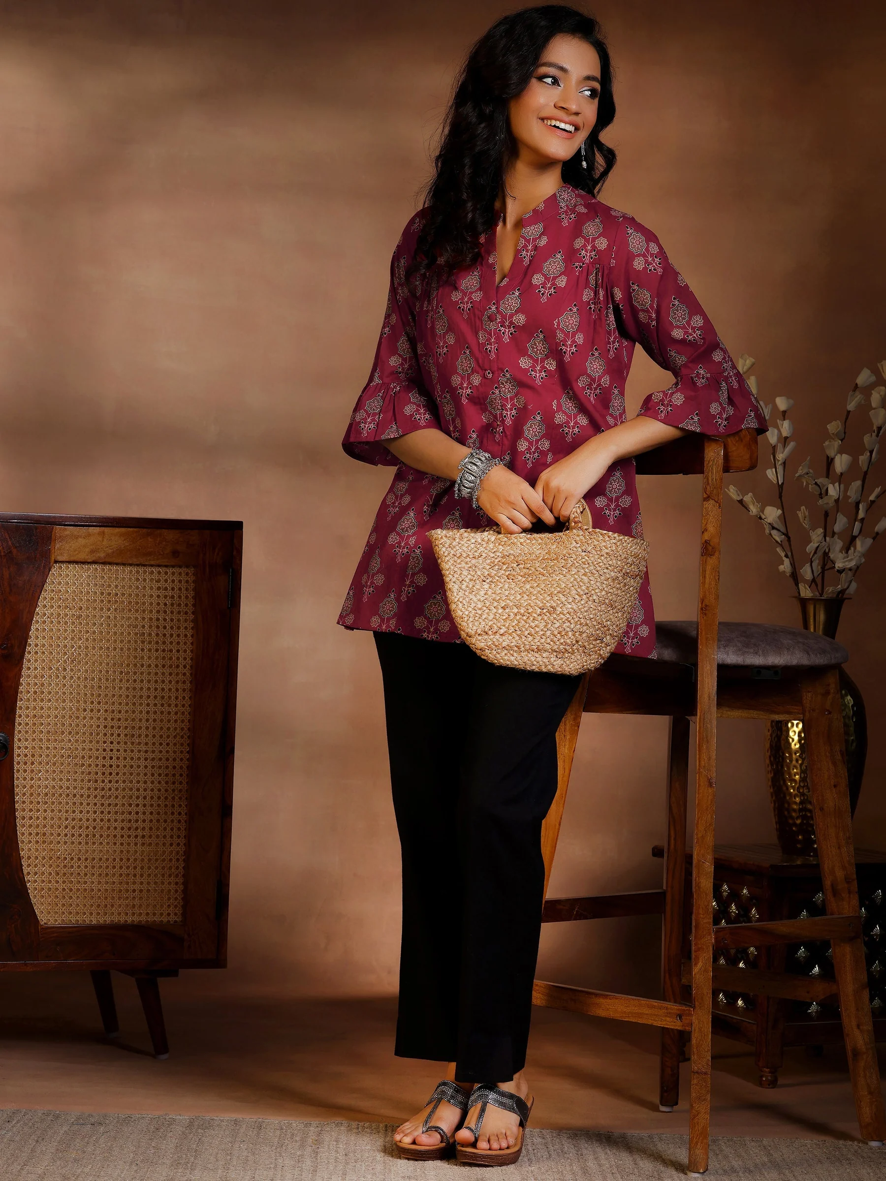 Maroon Printed Cotton A-Line Kurti - Image 6