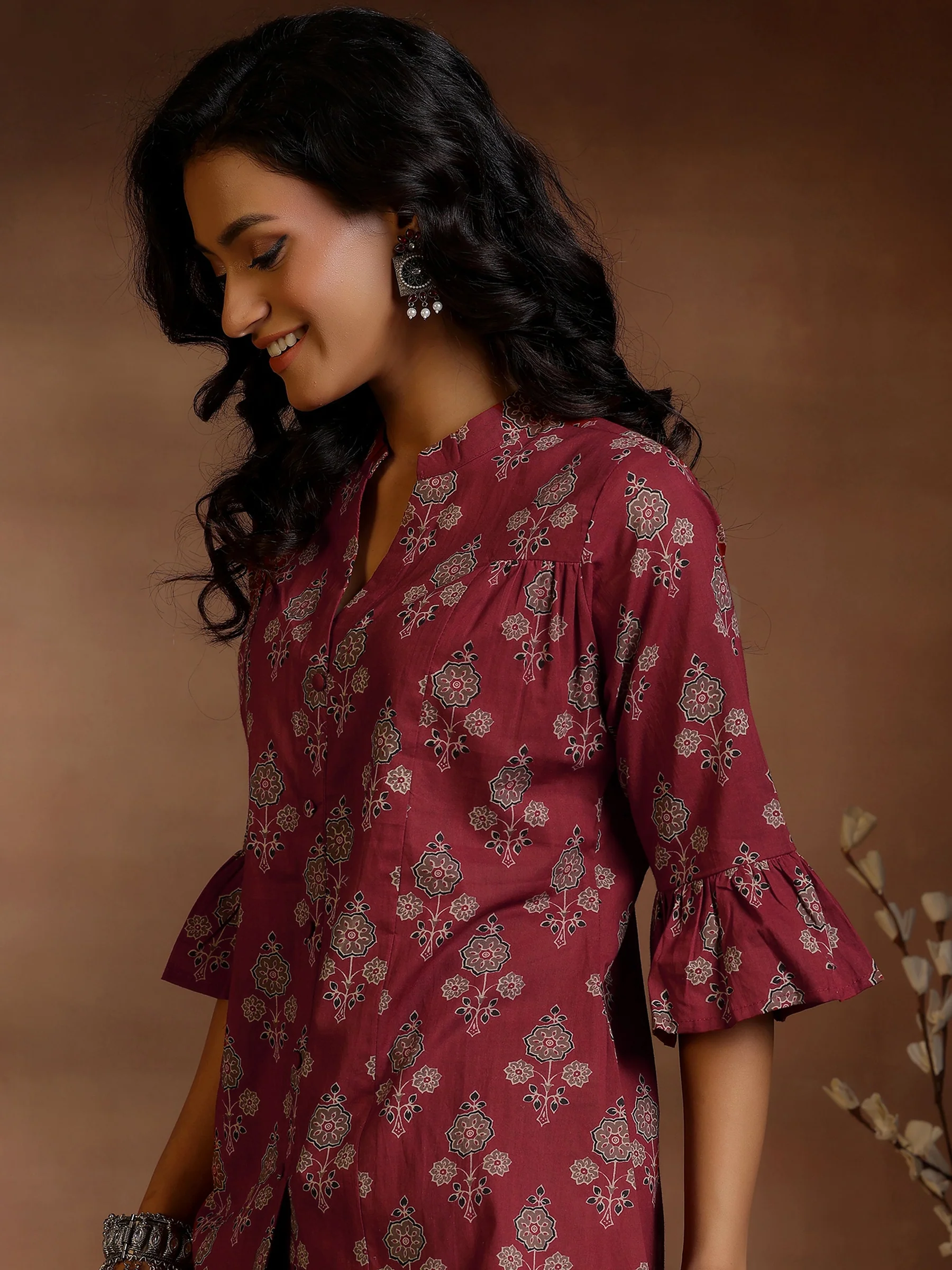 Maroon Printed Cotton A-Line Kurti - Image 7