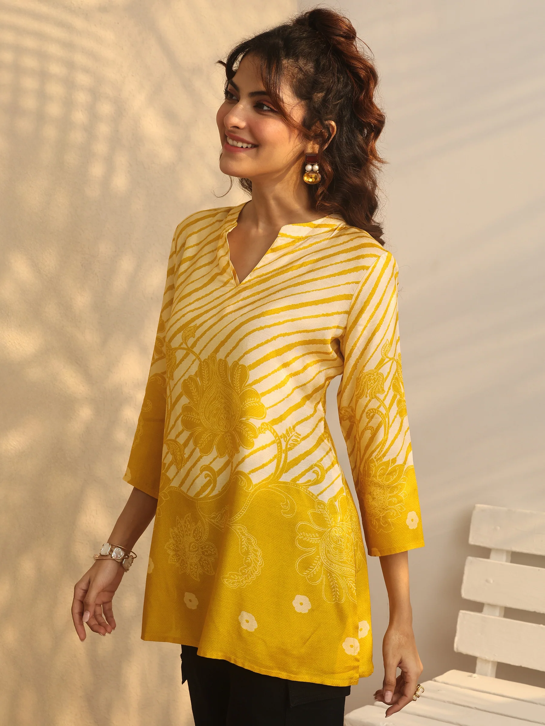 Mustard Printed Muslin Straight Short Kurti - Image 2