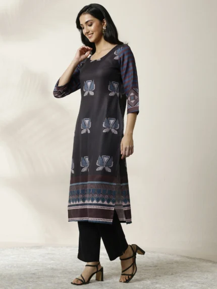 Black Printed Cotton Blend Straight Kurta