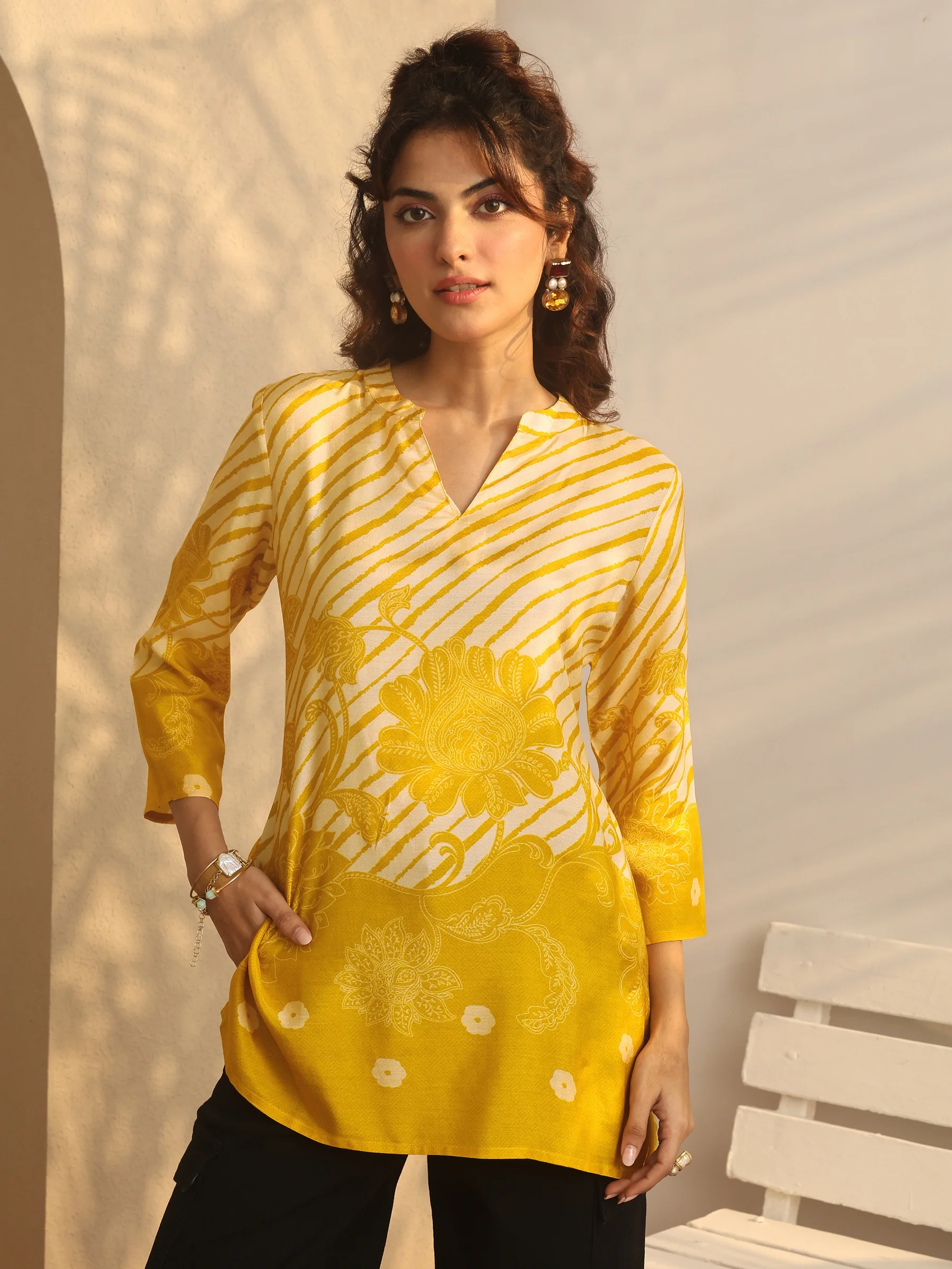Mustard Printed Muslin Straight Short Kurti - Image 5