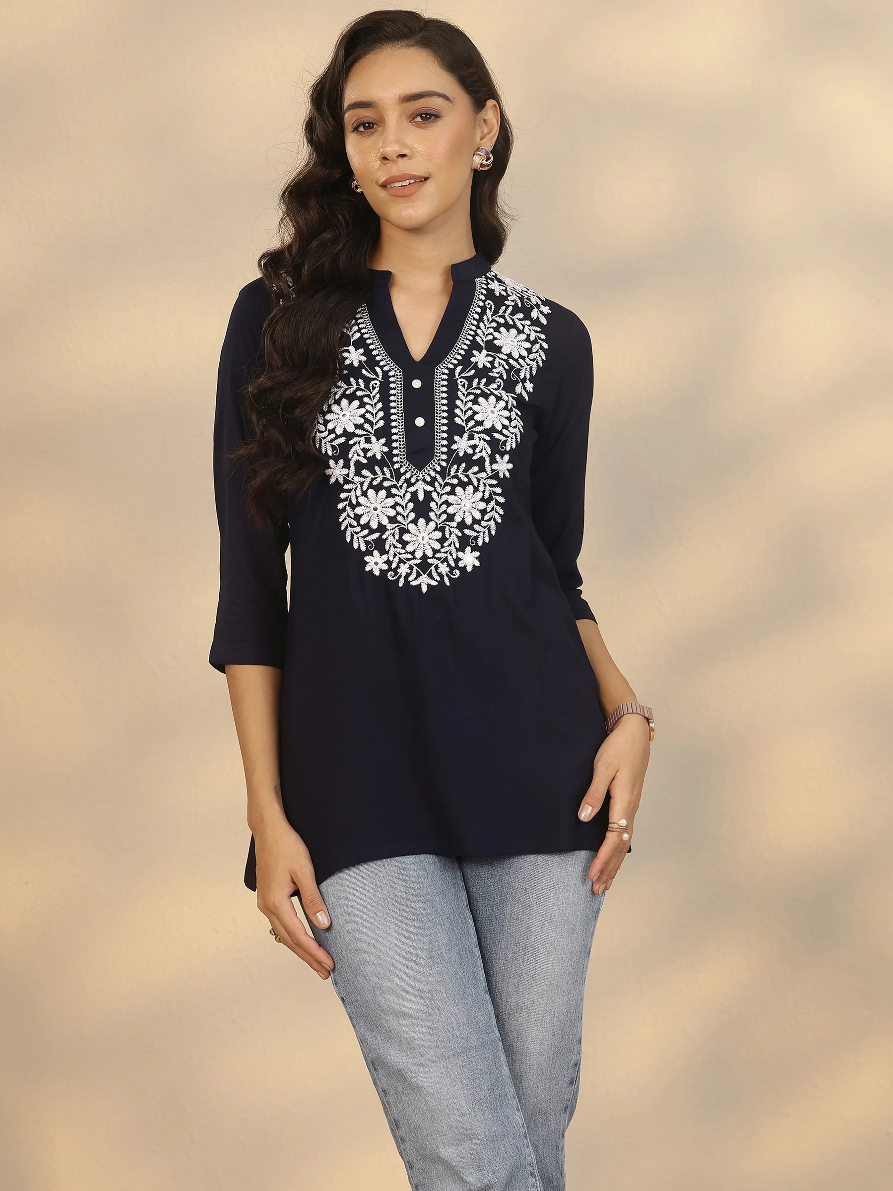 Navy Blue Yoke Design Rayon Straight Short Kurti - Image 6