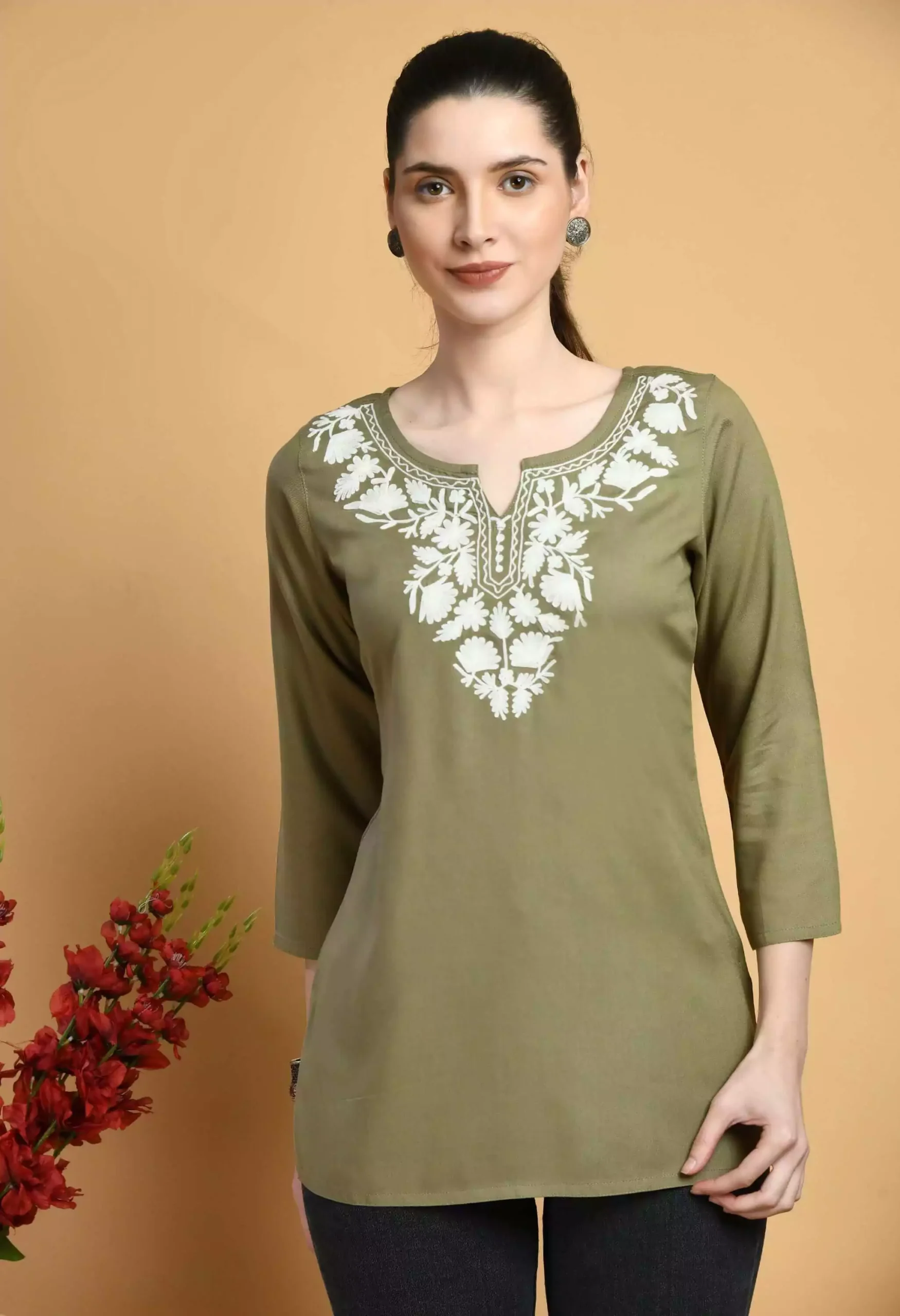 Olive Colored Kashmiri Short Kurti