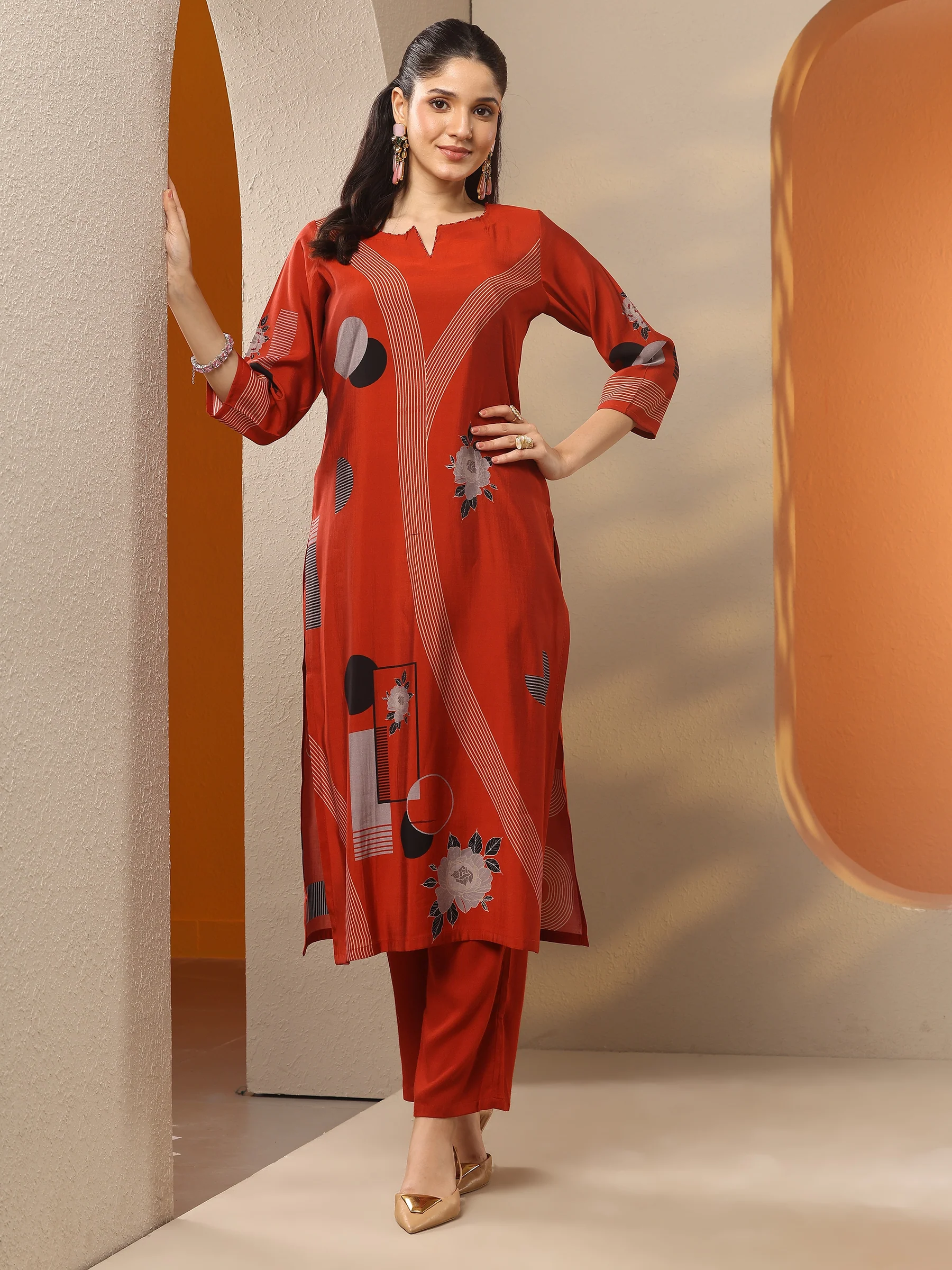 Rust Printed Silk Blend Straight Kurta - Image 6