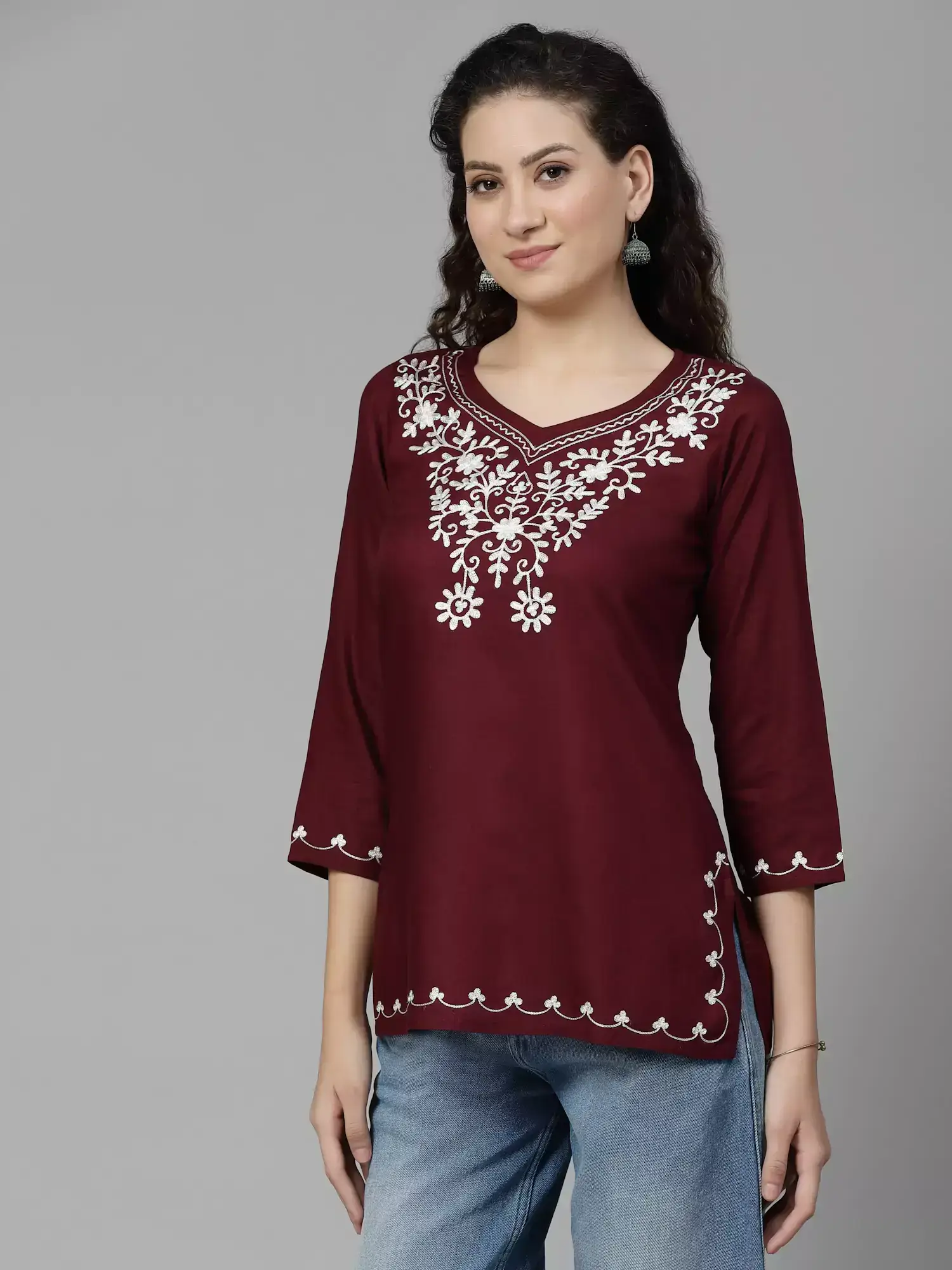 Wine Colored Resham Work Short Kurti - Image 6