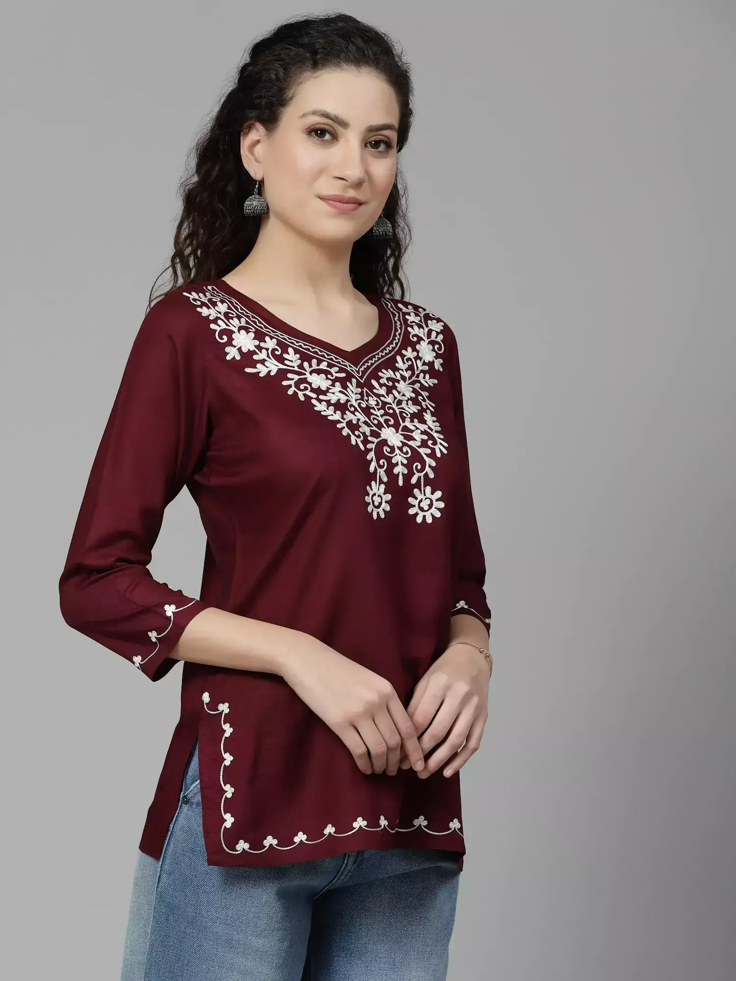 Wine Colored Resham Work Short Kurti - Image 7