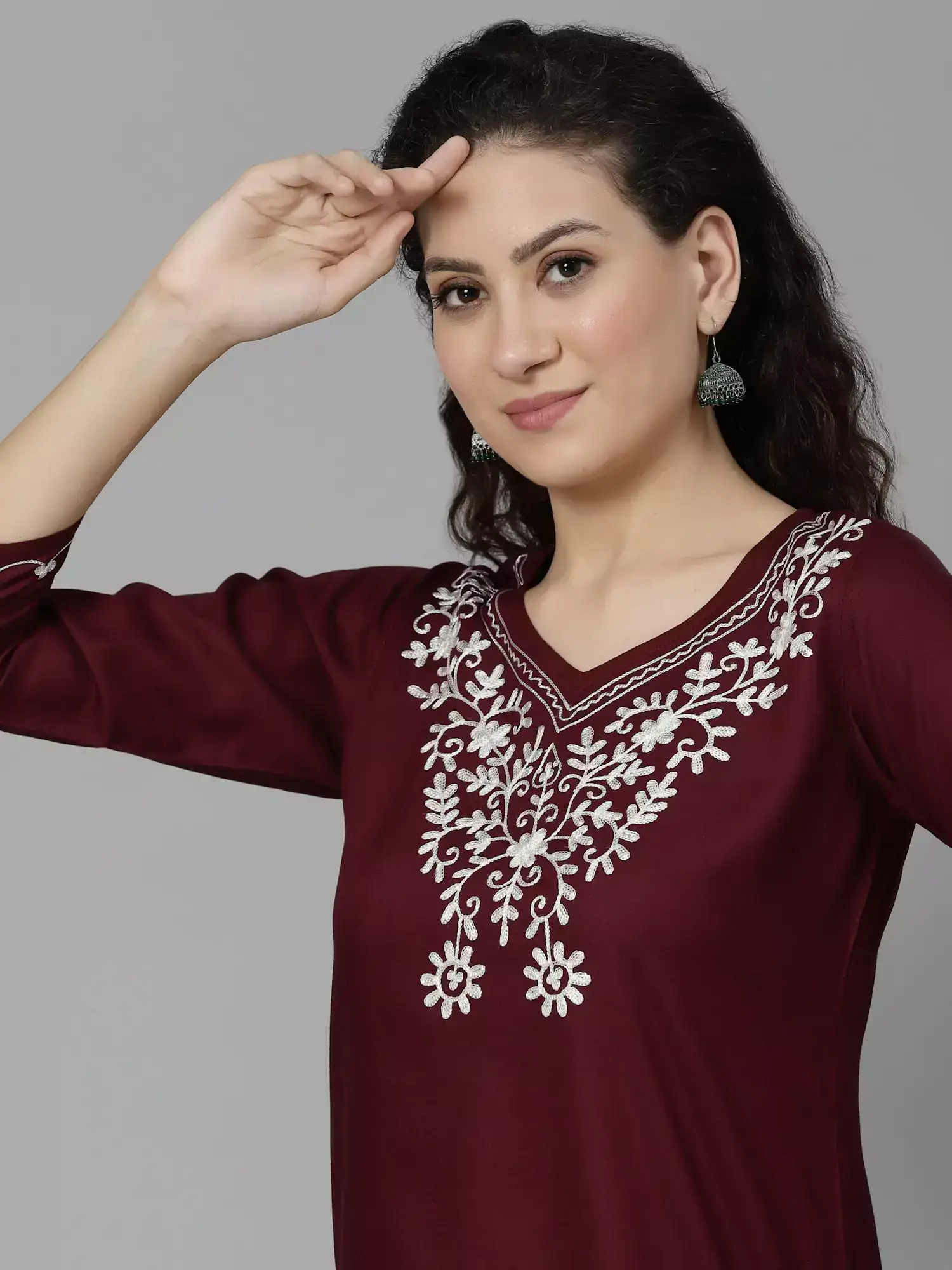 Wine Colored Resham Work Short Kurti - Image 4