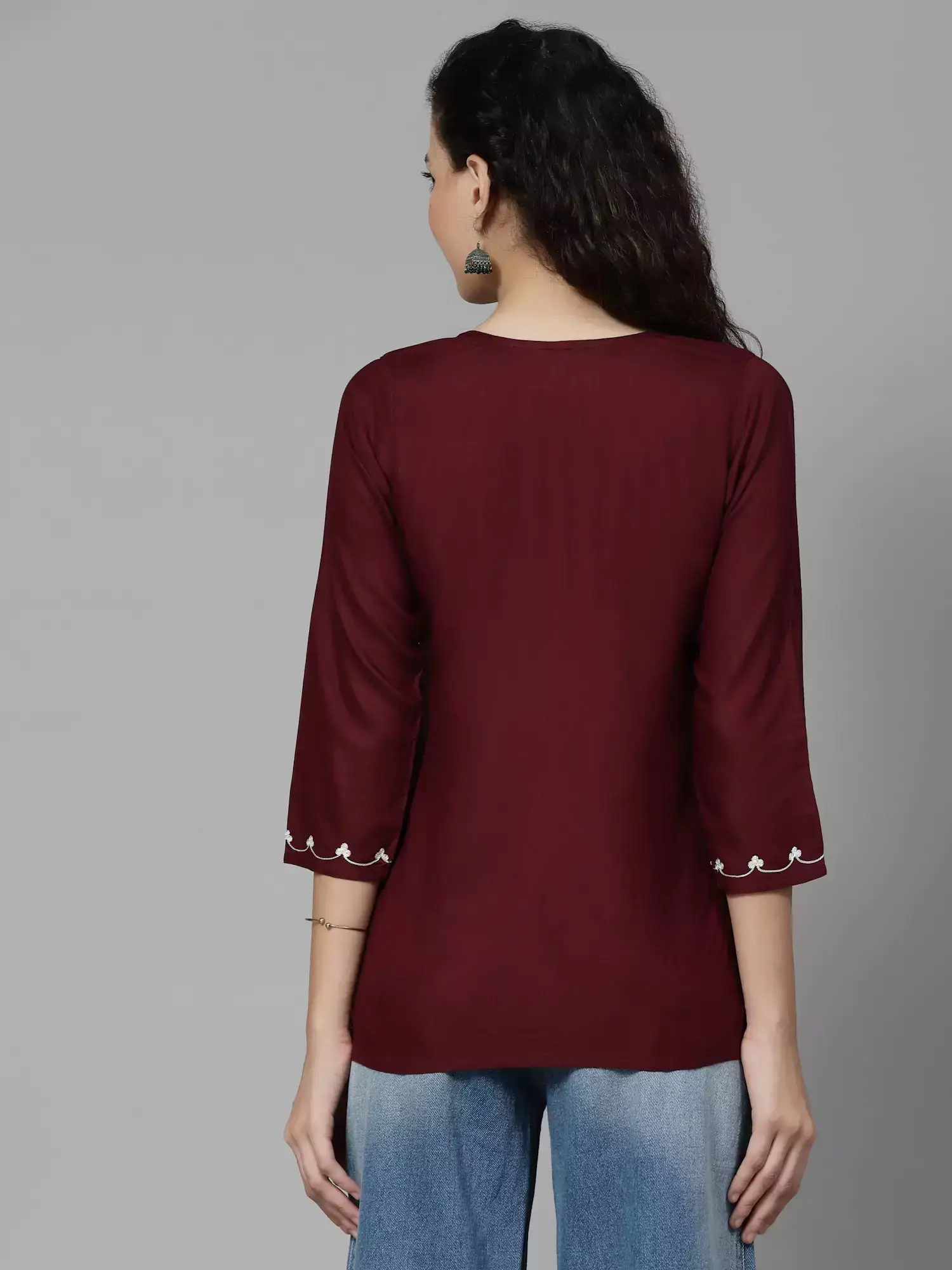 Wine Colored Resham Work Short Kurti - Image 5
